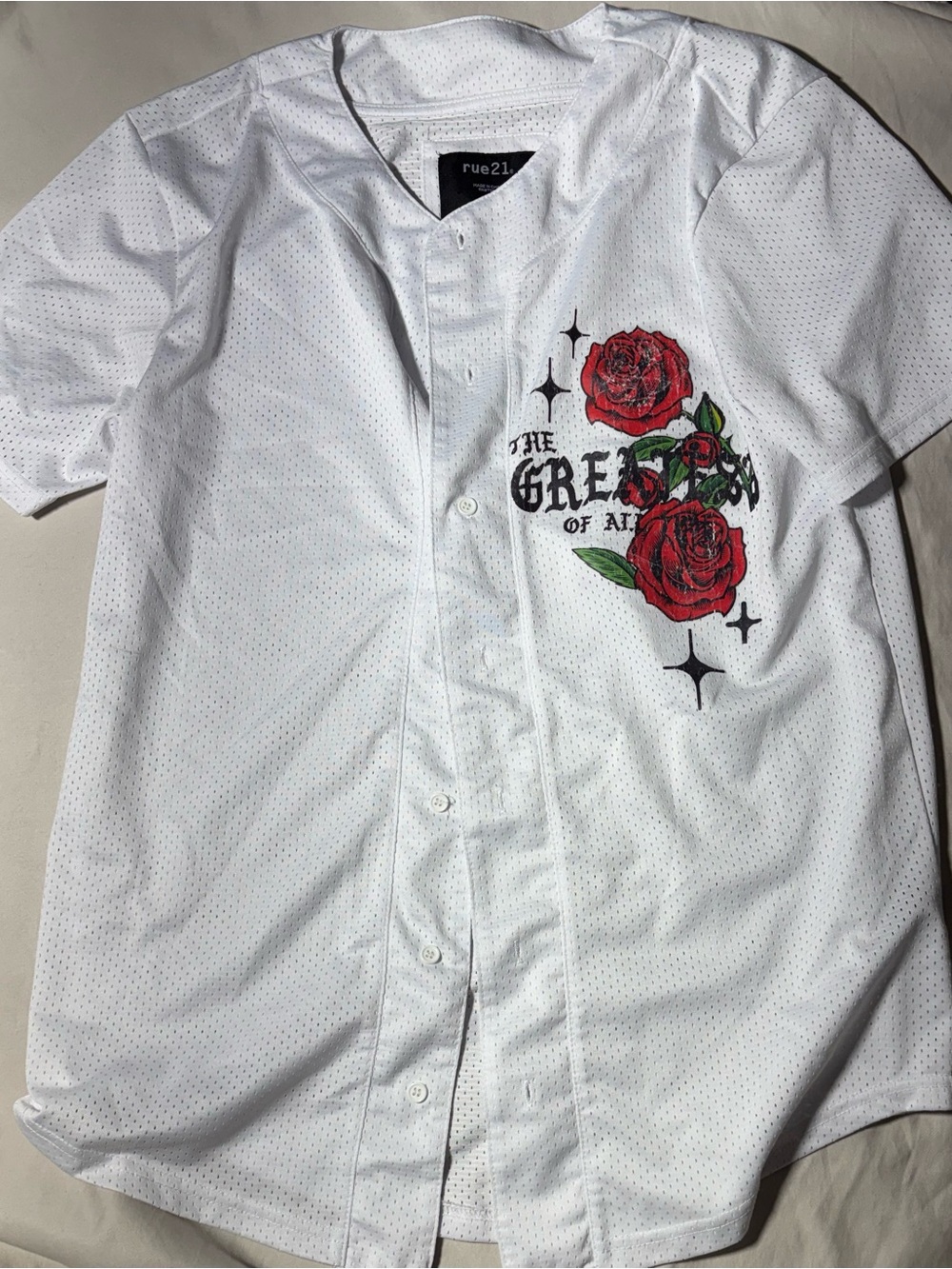 Rue21 White Baseball Jersey with Red Rose Chest Graphic